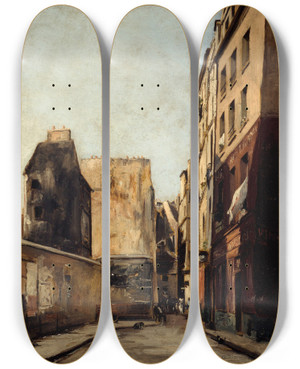Triptych art skateboard deck of Emmanuel Lansyer La Rue Saintjulienlepauvre by Emmanuel Lansyer (1835-1893)