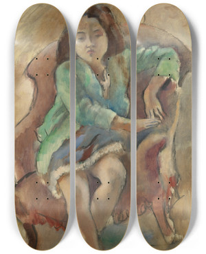 Triptych art skateboard deck of Jules Pascin Simone Dalal Jeune Fille Dans Une Bergre by Jules Pascin (1885-1930)