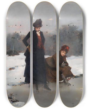 Triptych art skateboard deck of Francesc Miralles I Galaup Ice Skaters by Francesc Miralles I Galaup (1848-1901)