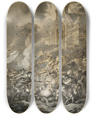 Triptych art skateboard deck of Dirk Langendijk A Skirmish Between The Cavalry Officers And Footsoldiers With Bayonets by Dirk Langendijk (1748-1805)