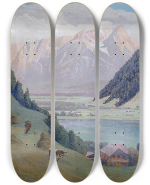 Triptych art skateboard deck of Max Kahrer Bergsee by Max Kahrer (1878-1937)