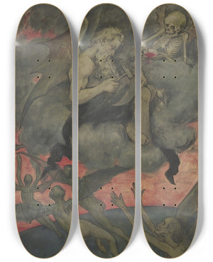Triptych art skateboard deck of Hans Thoma Chronos Sharpens The Scythe by Hans Thoma (1839-1924)