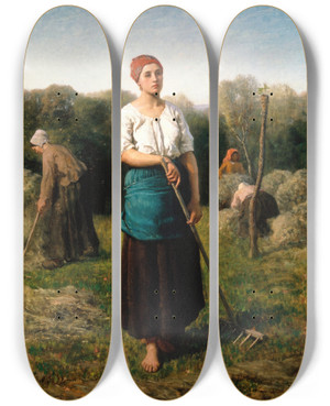 Triptych art skateboard deck of Jules Breton A Girl With A Rake by Jules Breton (1827-1906)