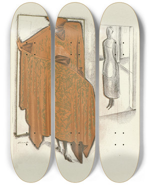 Triptych art skateboard deck of Alexandre Jacovleff Effet De Glace Manteau Du Soir De Paul Poiret by Alexandre Jacovleff (1887-1938)