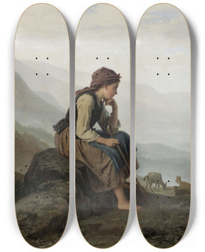 Triptych art skateboard deck of Johann Georg Meyer Von Bremen Die Ziegenhirtin The Littlegoat Herder by Johann Georg Meyer Von Bremen (1813-1886)