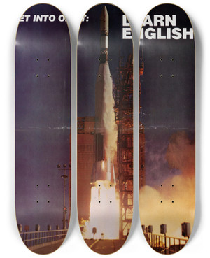 Triptych art skateboard deck of Us Information Agency Get Into Orbit Learn English by U S Information Agency (1953-1999)