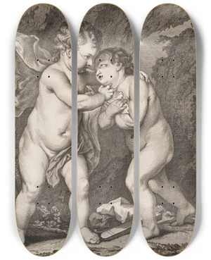 Triptych art skateboard deck of Johan Frederik Clemens Lenfant Qui Joue Avec Lamour by Johan Frederik Clemens (1749-1831)