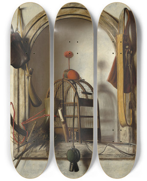 Triptych art skateboard deck of Christoffel Pierson Niche With Falconry Gear by Christoffel Pierson (1631-1714)
