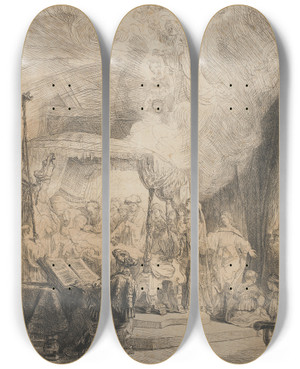 Triptych art skateboard deck of Rembrandt Van Rijn Death Of The Virgin by Rembrandt Van Rijn (1606-1669)