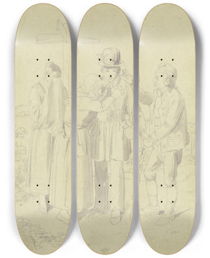 Triptych art skateboard deck of Jakob Becker Farewell At The Crossroads by Jakob Becker (1810-1872)