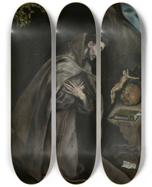 Triptych art skateboard deck of El Greco Domenikos Theotokopoulos Saint Francis Kneeling In Meditation by El Greco Domenikos Theotokopoulos (1540-1614) Triptych art skateboard deck of El Greco Domenikos Theotokopoulos Saint Francis Kneeling In Meditation by El Greco Domenikos Theotokopoulos (1540-1614)