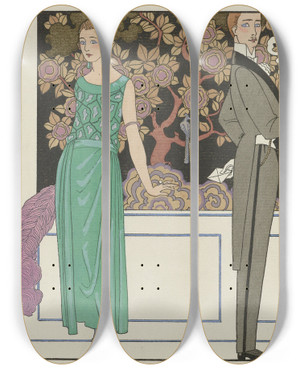 Triptych art skateboard deck of George Barbier La Premiere Imprudence Robe Du Soir De Beer by George Barbier (1882-1932)