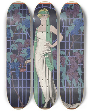 Triptych art skateboard deck of George Barbier Des Robes Dans La Nuit Robe Du Soir De Worth by George Barbier (1882-1932)