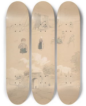 Triptych art skateboard deck of Pierre Louis Dubourcq Study Sheet With Figures And Landscapes At Arnemuiden Near Middelburg The Netherlands by Pierre Louis Dubourcq (1815-1873)