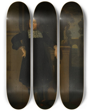 Triptych art skateboard deck of Pieter Cornelisz Van Slingelandt Johan Hulshout 16231687 by Pieter Cornelisz Van Slingelandt (1640-1691)