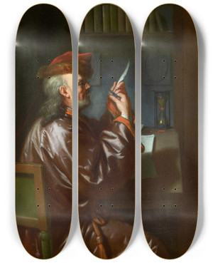 Triptych art skateboard deck of Philip Van Dijk The Bookkeeper by Philip Van Dijk (1683-1753)