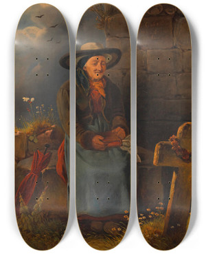 Triptych art skateboard deck of Melchior Fritsch Am Friedhof by Melchior Fritsch (1826-1889)