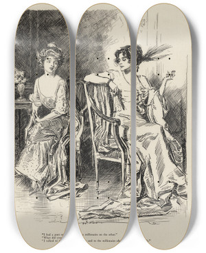 Triptych art skateboard deck of Charles Dana Gibson I Had A Poet On One Side And Millionaire On The Other by Charles Dana Gibson (1867-1944)