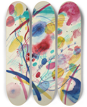 Triptych art skateboard deck of Wassily Kandinsky Composition In Red Blue Green And Yellow by Wassily Kandinsky (1866-1944)