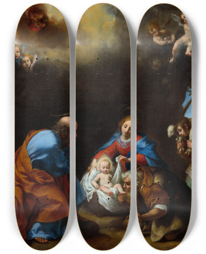 Triptych art skateboard deck of Carlo Dolci Adoration Of The Shepherds by Carlo Dolci (1616-1687)
