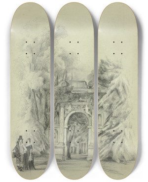 Triptych art skateboard deck of Charles De Anson Couple In 17Th Century Dress Standing Before Entrance To Park by Charles De Anson (19-)