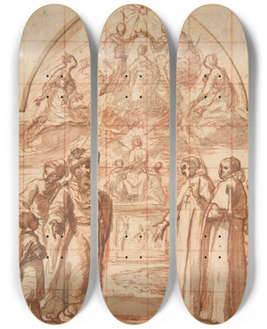 Triptych art skateboard deck of Alessandro Tiarini Allegory Of The Trinitarian Order by Alessandro Tiarini (1577-1668)
