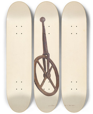 Triptych art skateboard deck of John Swientochowski Blacksmiths Measuring Wheel by John Swientochowski