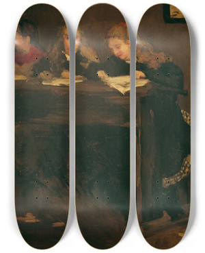 Triptych art skateboard deck of Gustave Courbet Drei Schulmdchen by Gustave Courbet (1819-1877)