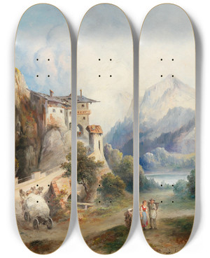 Triptych art skateboard deck of Emil Barbarini Partie Aus Tirol by Emil Barbarini (1855-1933)