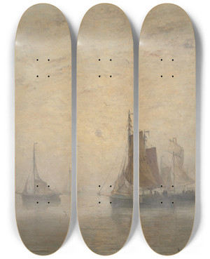 Triptych art skateboard deck of Hendrik Willem Mesdag Misty Weather by Hendrik Willem Mesdag (1831-1915)