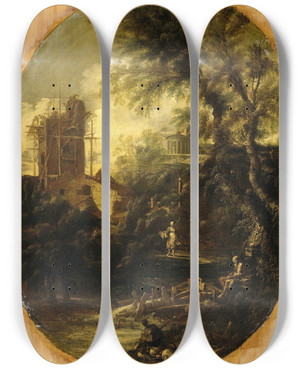 Triptych art skateboard deck of Antonio Francesco Peruzzini Landscape With Hermit Pilgrim And Peasant Woman by Antonio Francesco Peruzzini (1646-1724)