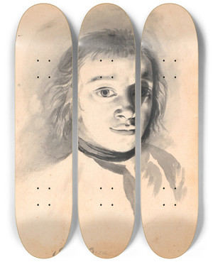 Triptych art skateboard deck of Jens Juel Selvportrt Ved Kunstigt Lys by Jens Juel (1745-1802)
