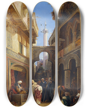 Triptych art skateboard deck of William James Mller Street Scene In Cairo by William James Muller (1812-1845)
