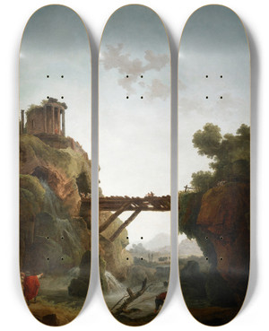 Triptych art skateboard deck of Hubert Robert Fantastic View Of Tivoli by Hubert Robert (1733-1808)