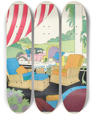 Triptych art skateboard deck of Marie Josephine Carr The Porch Made Colorful As A Garden by Marie Josephine Carr (20-)
