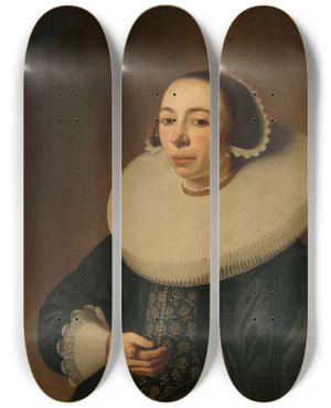 Triptych art skateboard deck of Pieter Dubordieu Portrait Of A Woman_1 by Pieter Dubordieu (1609-1678)