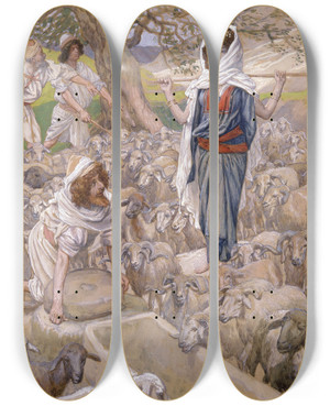 Triptych art skateboard deck of James Tissot Jacob And Rachel At The Well by James Tissot (1836-1902)