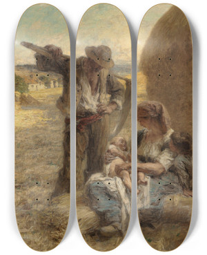 Triptych art skateboard deck of Lon Augustin Lhermitte La Famille by Lon Augustin Lhermitte (1844-1925)