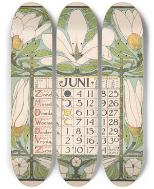 Triptych art skateboard deck of Theo Nieuwenhuis Kalenderblad Voor Juni 1899 by Theo Nieuwenhuis (1866-1951)