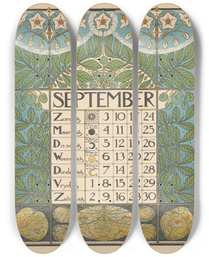 Triptych art skateboard deck of Theo Nieuwenhuis Kalenderblad Voor September 1899_1 by Theo Nieuwenhuis (1866-1951)