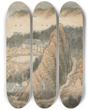 Triptych art skateboard deck of Shitao Reminiscences Of Qinhuai River Pl8 by Shitao (1642-1707)