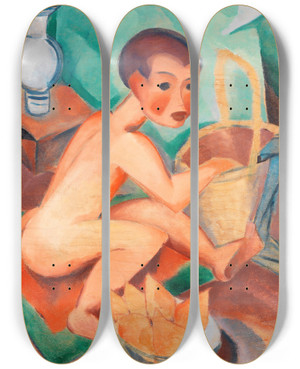 Triptych art skateboard deck of Dorothea Maetzeljohannsen Akt Mit Korb Und Birnen by Dorothea Maetzel-Johannsen (1886-1930)