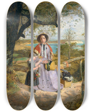 Triptych art skateboard deck of James Collinson Mother And Child By A Stile With Culver Cliff Isle Of Wight In The Distance by James Collinson (1825-1881)