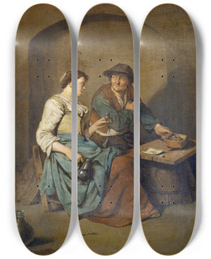 Triptych art skateboard deck of Cornelis Pietersz Bega Tavern Scene_2 by Cornelis Pietersz Bega (1631-1664)