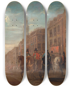 Triptych art skateboard deck of William Hogarth Restoration Procession Of Charles Ii At Cheapside by William Hogarth (1697-1764)