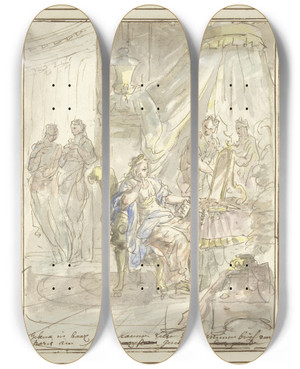 Triptych art skateboard deck of Elias Van Nijmegen Helena Leest Een Liefdesbrief Van Paris by Elias Van Nijmegen (1667-1755)