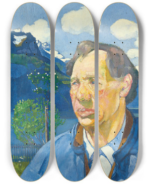 Triptych art skateboard deck of Max Buri Farmer In Front Of Lakescape by Max Buri (1868)