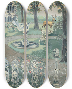 Triptych art skateboard deck of Perkins Harnly Garden Setting by Perkins Harnly (1901-1986)