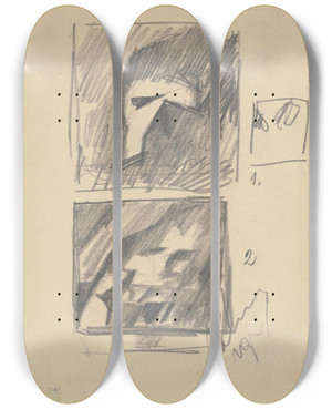 Triptych art skateboard deck of Zolo Palugyay Composition Study I Ii On One Page by Zolo Palugyay (1898-1935)