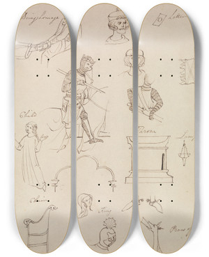 Triptych art skateboard deck of Robert Smirke Figure Studies For Medieval Noble Life by Robert Smirke (1752-1845)